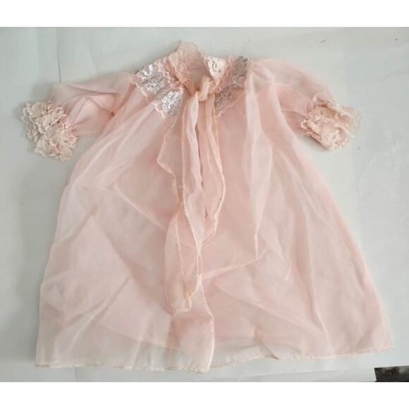 Vintage 50s 60s Doll Robe or Peignoir, Pink Nylon Chiffon, Lace and Silver Trim - Picture 1 of 4